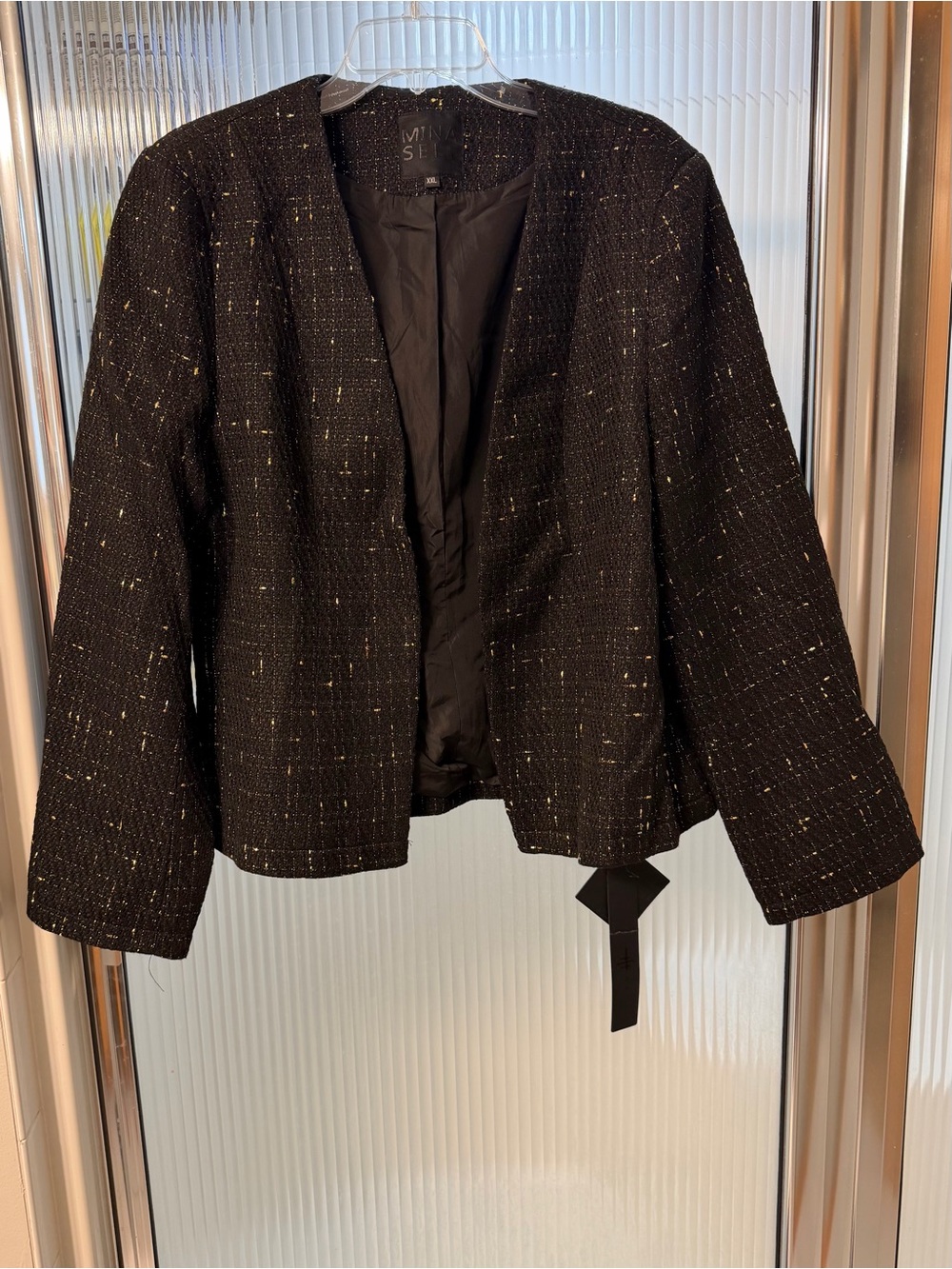 Minaself Black Tweed Collarless Jacket with Metallic Flecks